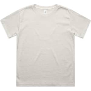 A light grey, heavy faded t-shirt with short sleeves and a plain design. It features a logo on the label.