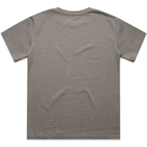 A faded olive green youth t-shirt featuring a crew neckline and short sleeves. It has a brand logo on the label.