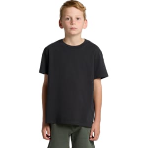 A youth t-shirt in a faded black colour, featuring short sleeves and a crew neck design. Branding is visible.