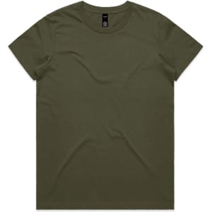 An olive green t-shirt featuring a round neckline and a branding label at the neckline.