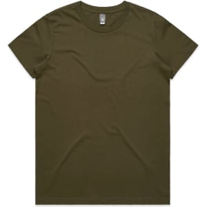 A plain olive green T-shirt featuring a logo on the neckline, displayed flat against a white background.