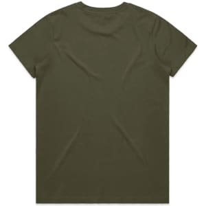An olive green T-shirt with a classic crew neckline and short sleeves, featuring a logo on the back.