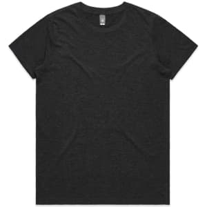 A black t-shirt with a round neckline and short sleeves, featuring a logo at the top.