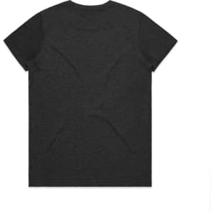 A dark grey t-shirt with short sleeves and a plain back, featuring a logo on the lower side.