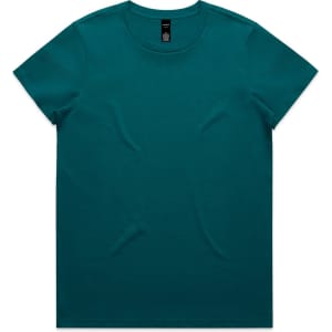 A teal T-shirt with a classic crew neckline and short sleeves, featuring a logo on the label.
