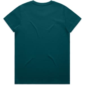 A teal t-shirt featuring a plain back design and a logo on the neckline area.