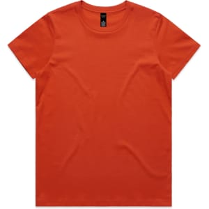 An orange t-shirt featuring a round neckline and short sleeves, with a label at the neck.