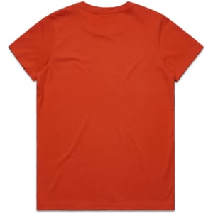 An orange t-shirt with a plain back design and a branding logo at the neck.
