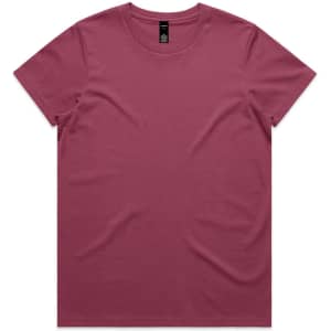 A maroon T-shirt featuring a simple design and a tag, suitable for casual wear.