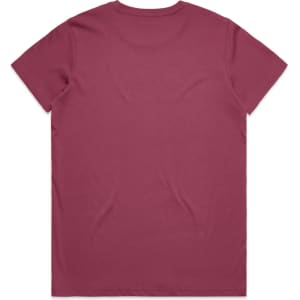 A maroon t-shirt with a standard crew neck and short sleeves, featuring a plain back and a logo on one sleeve.