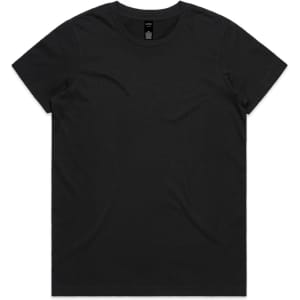 A black T-shirt featuring a round neckline and short sleeves, with a brand logo inside the collar.