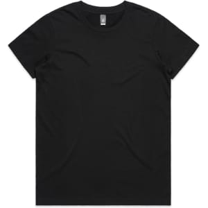 A black T-shirt with a round neck, featuring a small logo on the label.