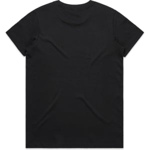 A black T-shirt featuring a plain back design and a logo.