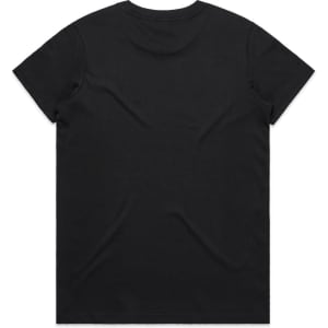 A black T-shirt featuring a plain back and a logo on the label. Suitable for casual wear.
