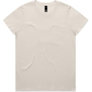 A plain cream-coloured T-shirt made of soft fabric with a simple crew neckline. It features a logo tag inside.