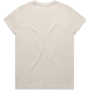 A beige T-shirt with a simple design and a logo on the back.