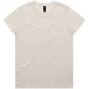 A plain beige t-shirt with short sleeves and a branding tag inside the collar.