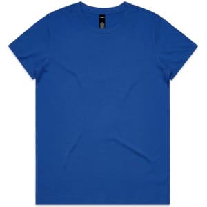 A blue T-shirt featuring a simple design and a logo on the label.