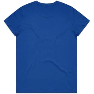A blue t-shirt featuring a plain back design. Includes a branding logo.