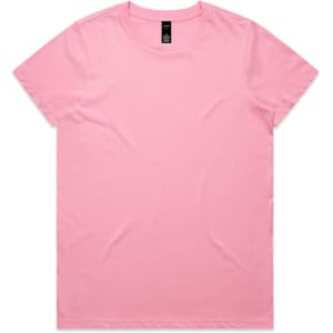 A pink T-shirt with a round neckline and short sleeves, featuring a label inside.