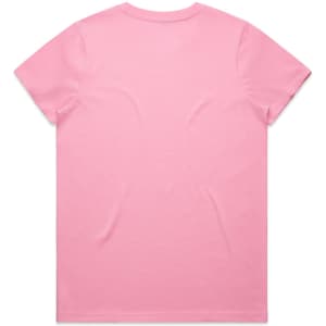 A pink t-shirt with a plain back and a circular neckline, featuring a logo.