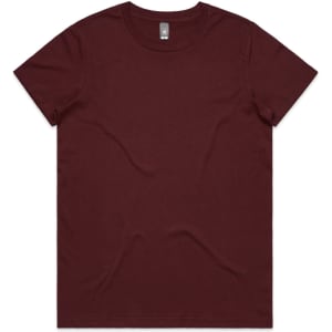 A maroon T-shirt with a round neckline, featuring a logo on the label.
