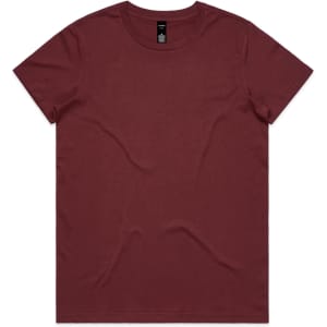 A maroon T-shirt with a crew neck and short sleeves, featuring a logo at the neckline.
