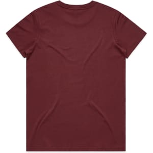 A maroon T-shirt with a simple design, featuring a branded logo on the back.