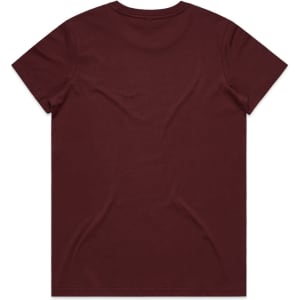 A maroon T-shirt featuring a plain back design and a logo at the neckline.