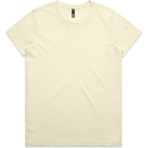 A plain light yellow t-shirt with a round neck, featuring a brand label on the neckline.