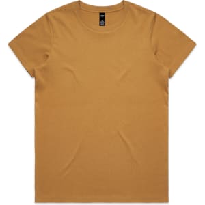 A short-sleeved, mustard yellow T-shirt with a simple design and a small logo on the tag.
