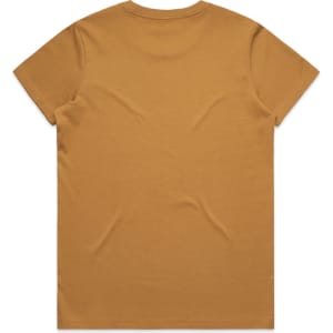 A plain yellow T-shirt with a round neck and short sleeves, featuring a logo.