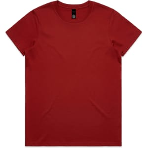 A red T-shirt featuring a round neckline and short sleeves, with a branding label on the inside.