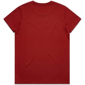 A red T-shirt with a plain back, featuring a logo on the neckline.