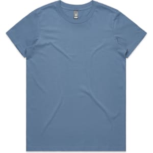A blue t-shirt with a round neckline and a front view, featuring a simple design and branding.