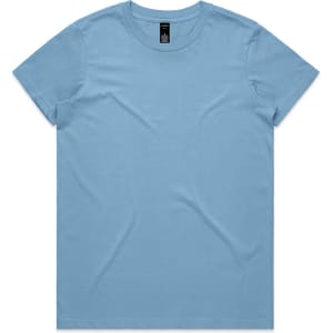A light blue T-shirt with a crew neck and a small logo on the label.