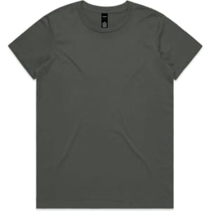 A plain dark grey t-shirt with a round neckline and short sleeves, featuring a logo on the label.
