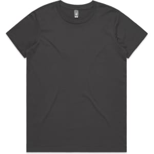 A dark grey t-shirt with a round neckline and short sleeves, featuring a small logo on the label.