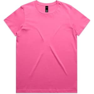A pink T-shirt featuring a round neckline and a logo on the label. No other details are visible.
