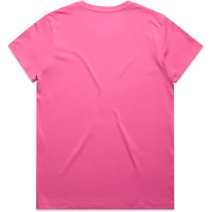 A pink t-shirt with a plain back, suitable for casual wear. It has a logo on the label.
