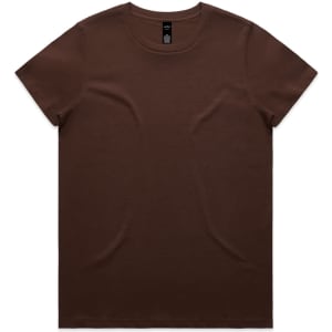 A brown T-shirt laid flat, featuring a simple design and a label at the neckline.