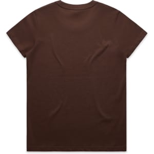 A brown t-shirt with short sleeves and a plain back. It features a logo on the back.