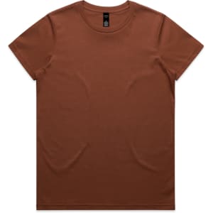 A brown t-shirt with a round neck and short sleeves, featuring a logo at the neckline.