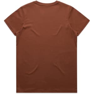 A brown T-shirt with a simple design and a logo. The shirt features a standard crew neck and short sleeves.