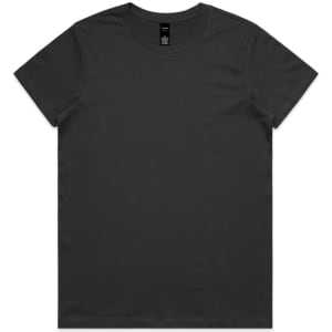 A black t-shirt displayed flat, featuring a round neck and short sleeves, with a branding label inside the collar.