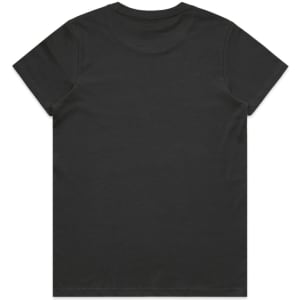 A black t-shirt with a round neckline and short sleeves, featuring a logo on the back.