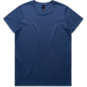 A blue t-shirt with a round neckline and short sleeves, featuring a simple design and a logo.