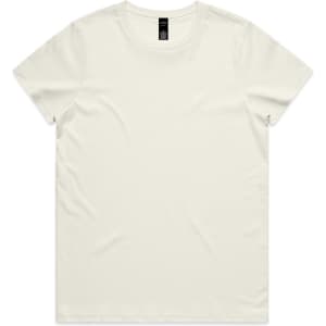A plain off-white T-shirt featuring a crew neckline and a label at the neck. Minimalistic design with no graphics.
