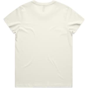 A plain cream-coloured t-shirt with short sleeves and a round neckline, featuring a logo on the back.