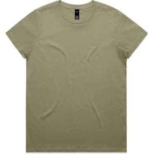 A plain olive green T-shirt with short sleeves and a round neckline, featuring a logo on the label.